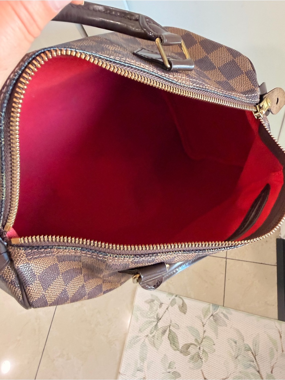 Louis Vuitton Brown Check Satchel with Red Interior